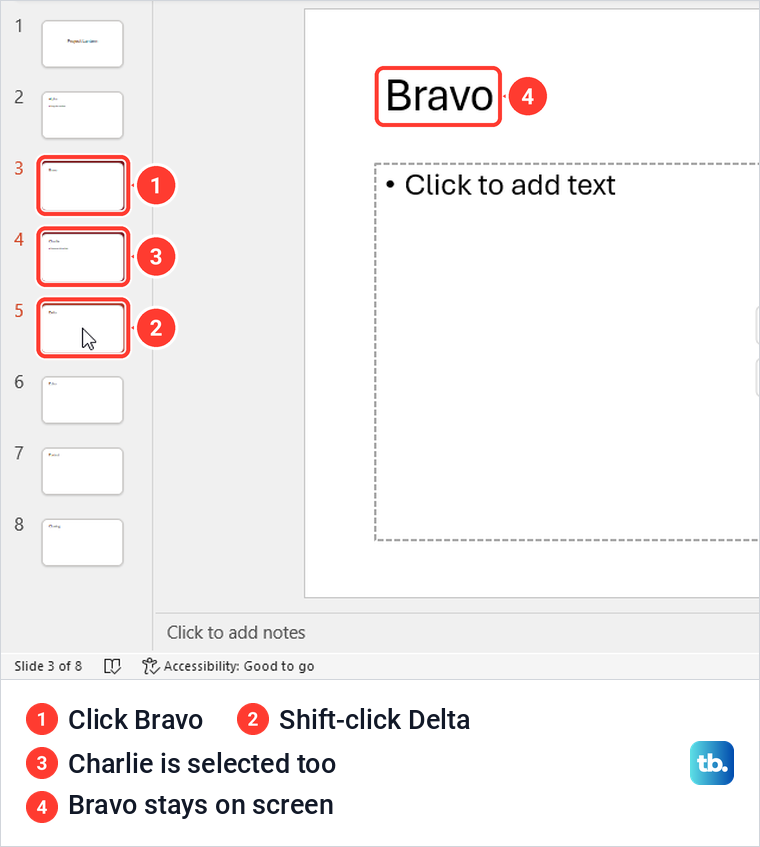 PowerPoint thumbnail pane with three slides in a row selected by click and Shift-click.
