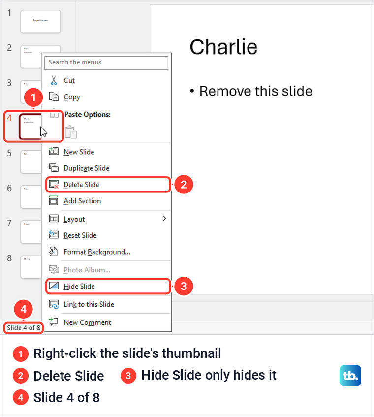 PowerPoint thumbnail pane with a slide's right-click menu showing Delete Slide and Hide Slide.