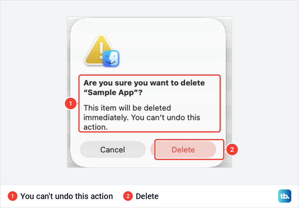 macOS warning asking whether to delete a test app immediately, with Cancel and Delete buttons.