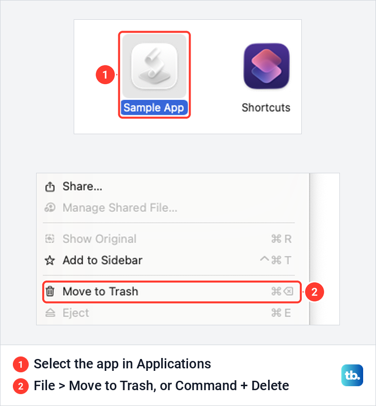 Finder's Applications folder with a test app selected, above the File menu with Move to Trash highlighted.
