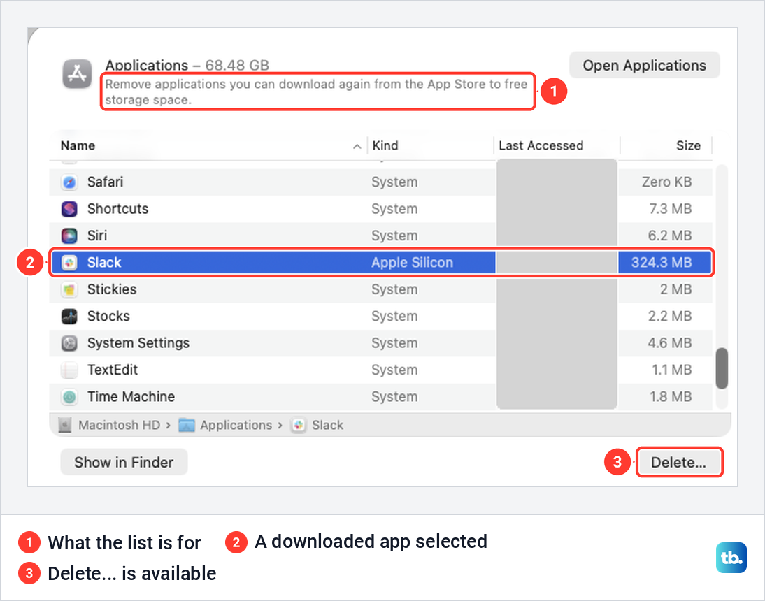The Applications list in macOS Storage settings with a downloaded app selected and the Delete button available.