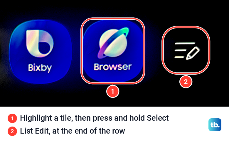 End of the Samsung Home app row with the Bixby and Browser tiles and a round list and pencil icon, with Browser and the icon marked.