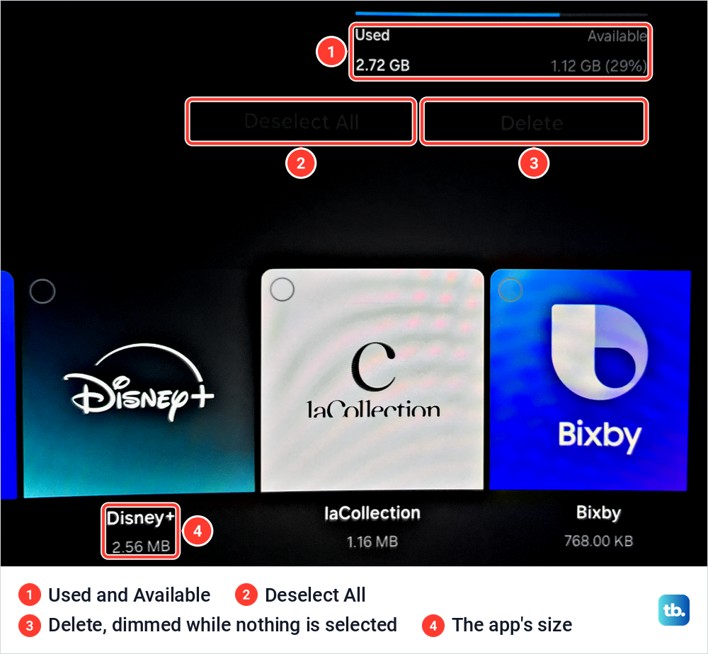 Top right of Manage Storage showing Used 2.72 GB and Available 1.12 GB, with dimmed Deselect All and Delete buttons above app tiles.