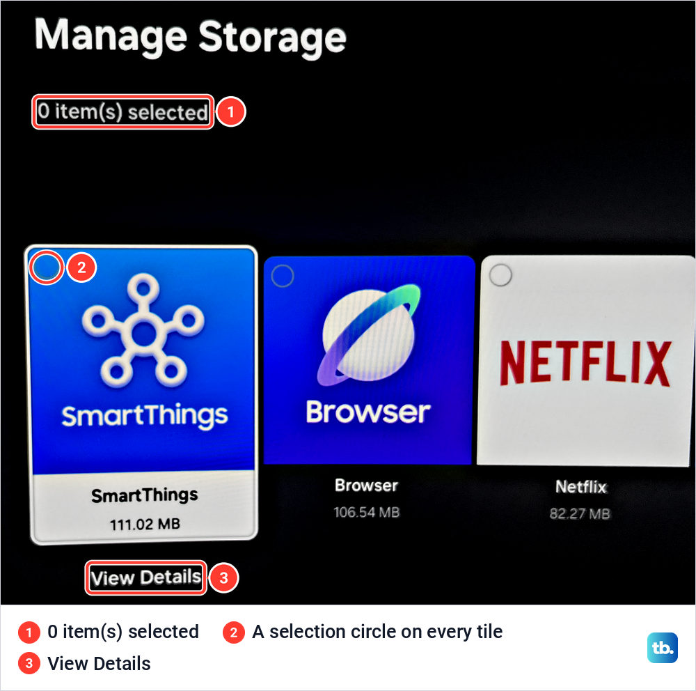 Manage Storage screen reading 0 items selected, with SmartThings, Browser and Netflix tiles, their sizes and an empty circle on each.