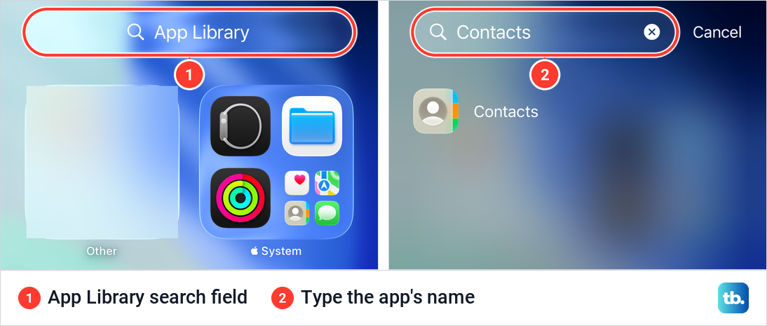 iPhone App Library with its search field, then a name typed into the App Library search.