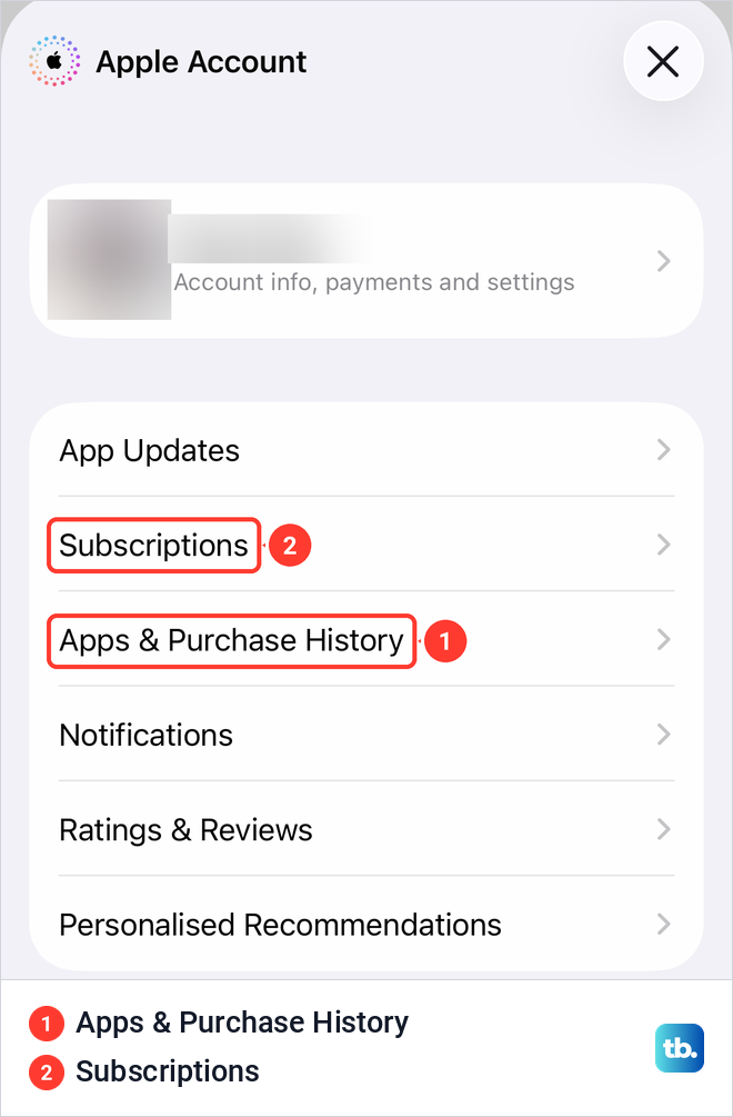 The App Store account sheet on iPhone with Subscriptions and Apps and Purchase History.