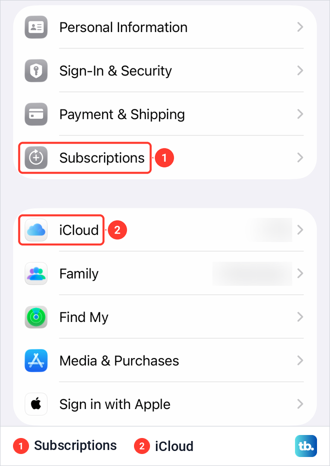The Apple Account page in iPhone Settings with the Subscriptions row and the iCloud row.