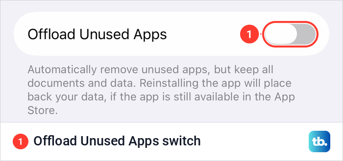The Offload Unused Apps switch in the App Store settings on iPhone, turned off, with its footer.