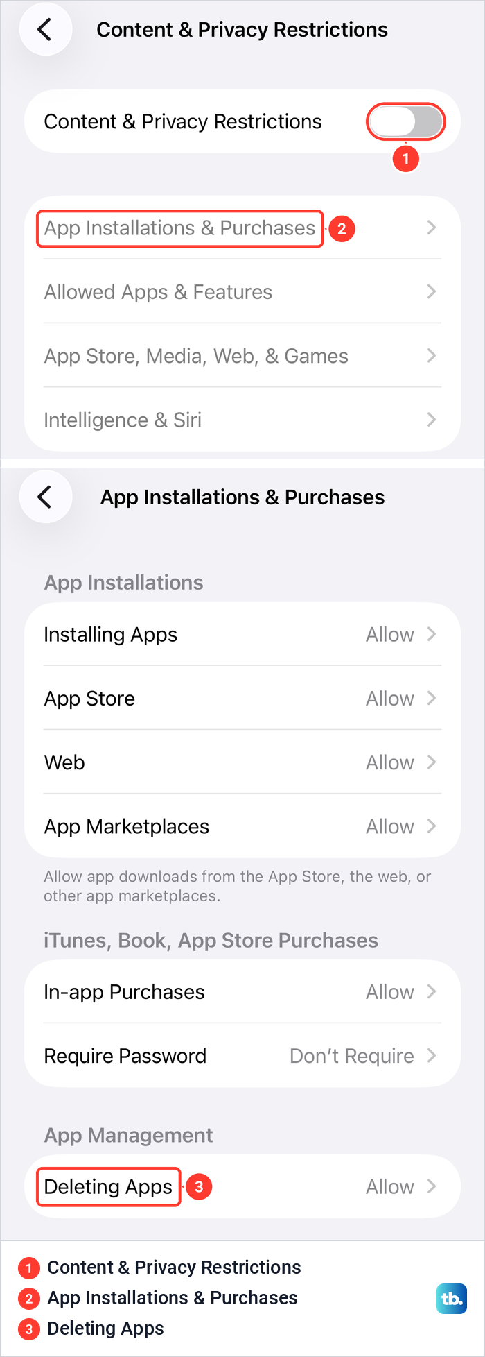 iPhone Screen Time restrictions with the Content and Privacy Restrictions switch and the Deleting Apps setting.