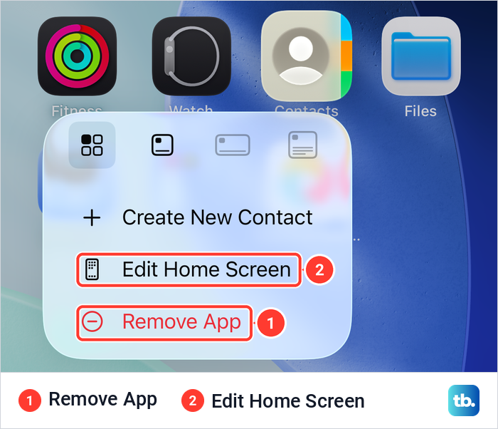 The iPhone Home Screen menu after touching and holding an app, with Remove App at the bottom in red.