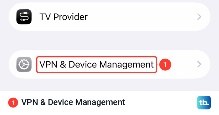 The VPN and Device Management row in the General section of iPhone Settings.