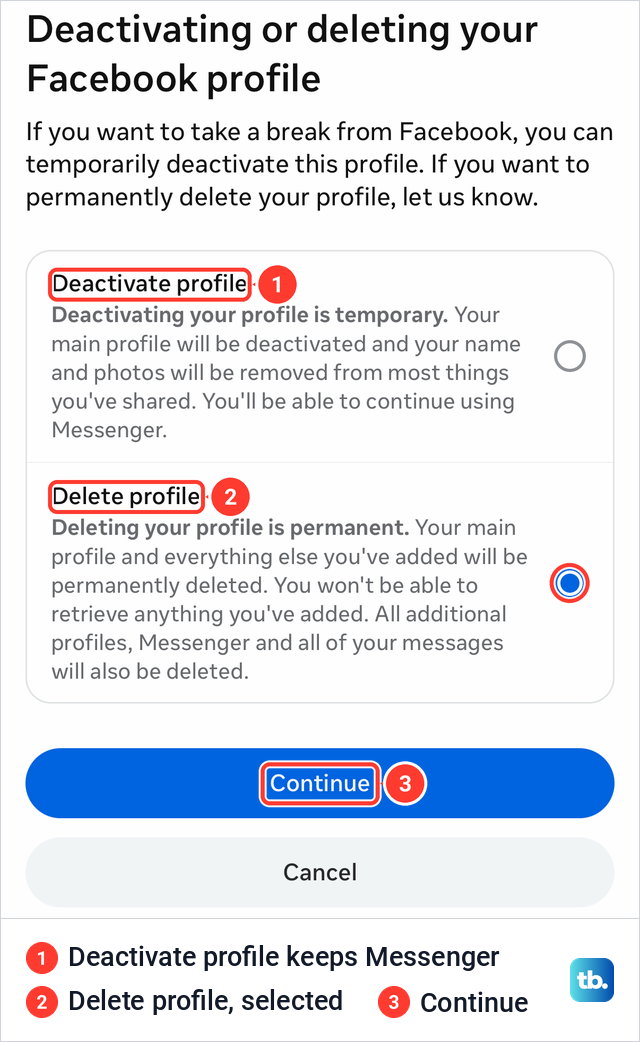 Facebook iPhone app screen Deactivating or deleting your Facebook profile with Delete profile selected above the Continue button.