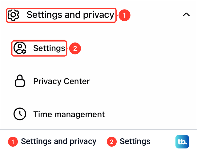 Facebook iPhone app menu with Settings and privacy expanded and Settings as its first item.