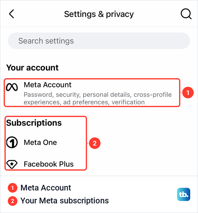 Facebook Settings and privacy screen with Meta Account under Your account and a Subscriptions group below it.