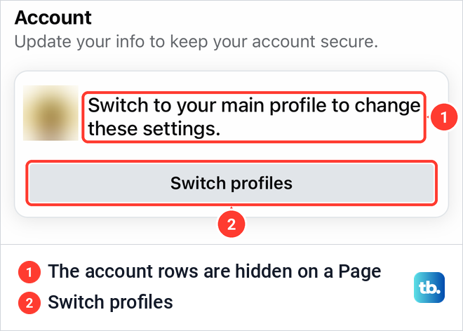 Facebook Settings and privacy showing Switch to your main profile to change these settings with a Switch profiles button.