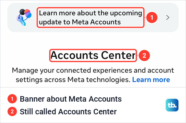 Instagram app hub still titled Accounts Center under a banner about the upcoming update to Meta Accounts.