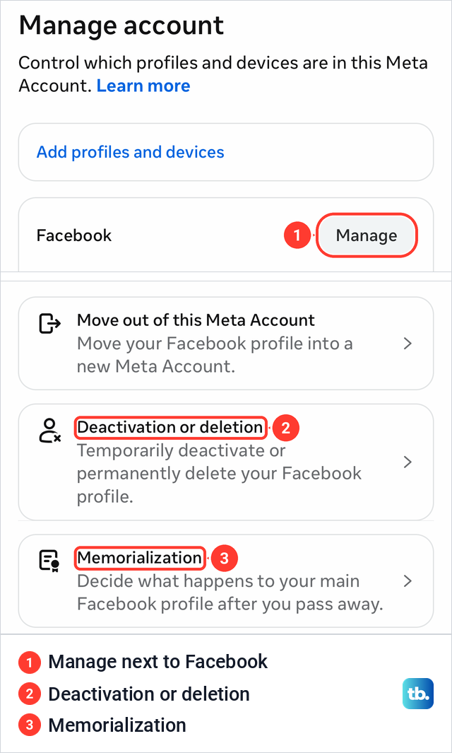 Two Facebook screens, Manage account with a Manage button next to Facebook, and the Facebook card with Deactivation or deletion.