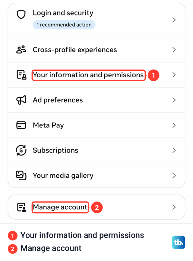 Meta Account screen in the Facebook iPhone app with Your information and permissions and Manage account marked.