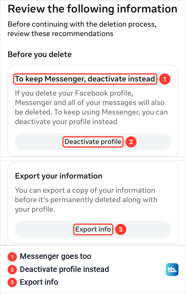 Facebook Review the following information screen with cards to keep Messenger by deactivating and to export your information.