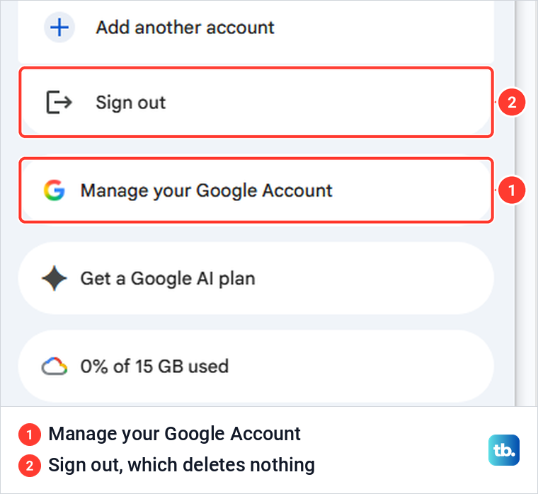 Gmail profile menu with Manage your Google Account and Sign out among its options.