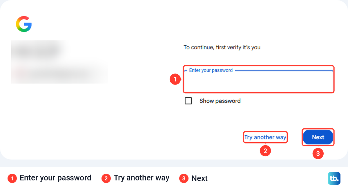 Google sign-in page reading To continue, first verify it's you, with a password box and Next button.