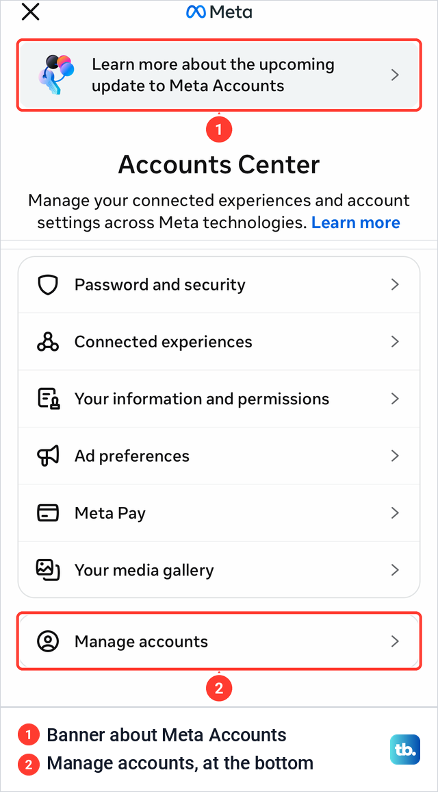 Instagram's Accounts Center sheet with a banner about Meta Accounts and Manage accounts at the bottom.