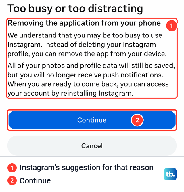 Instagram's Too busy or too distracting card suggesting you remove the app from your phone instead of deleting.