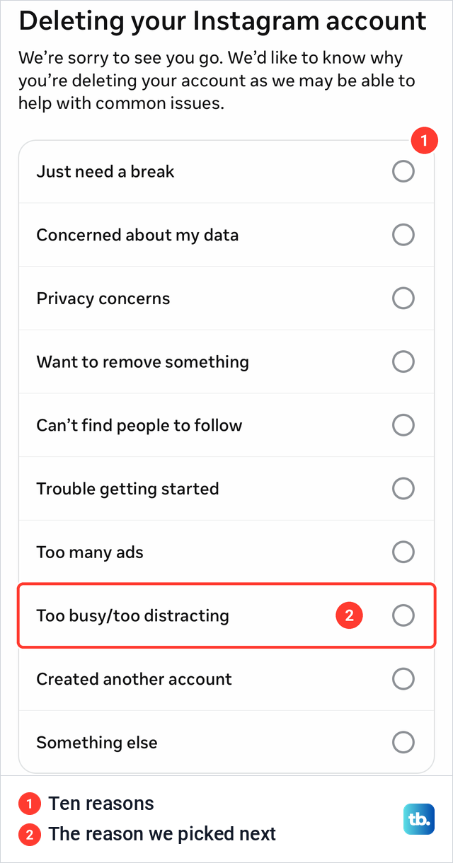 Instagram's Deleting your Instagram account screen listing ten reasons for leaving, from Just need a break to Something else.
