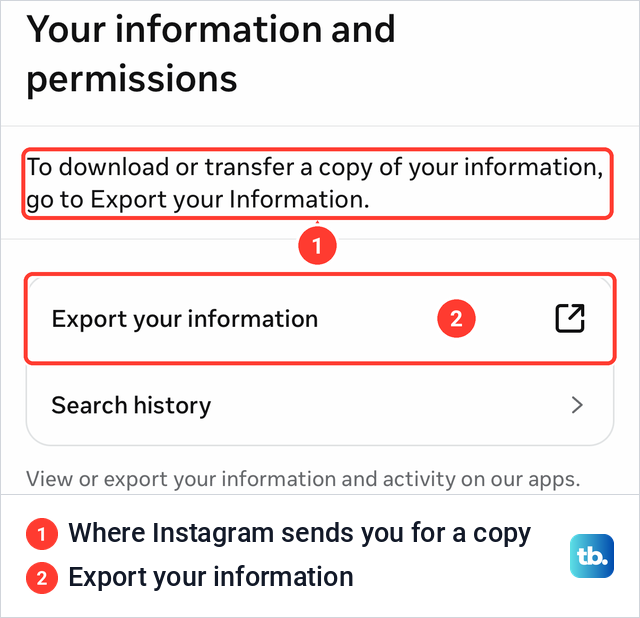 Instagram's Your information and permissions screen on iPhone with the Export your information row.