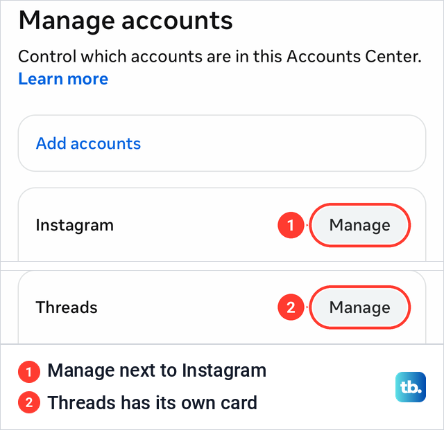 Instagram's Manage accounts screen with separate Instagram and Threads cards, each with a Manage button.