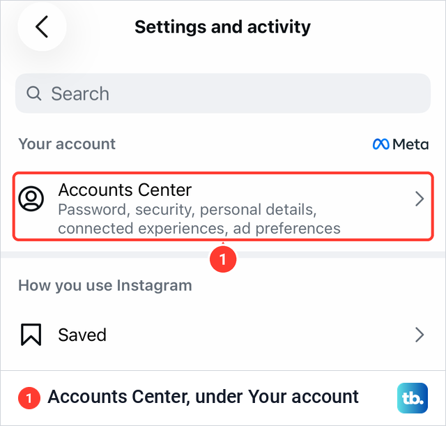 Instagram's Settings and activity page on iPhone with Accounts Center as the first row under Your account.