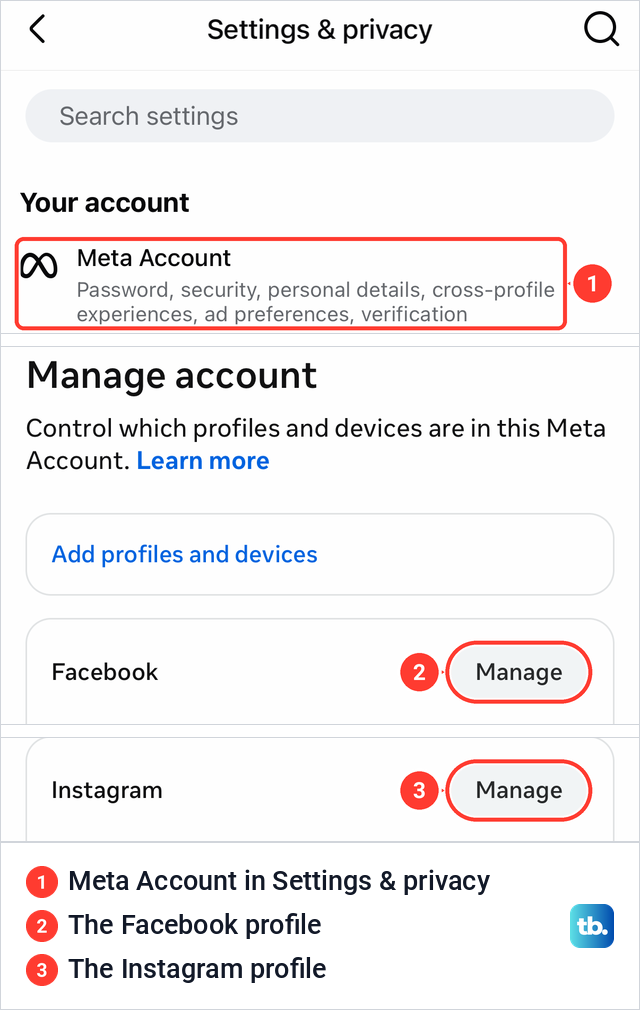The Facebook app showing Meta Account in Settings and privacy and separate Facebook and Instagram profiles.