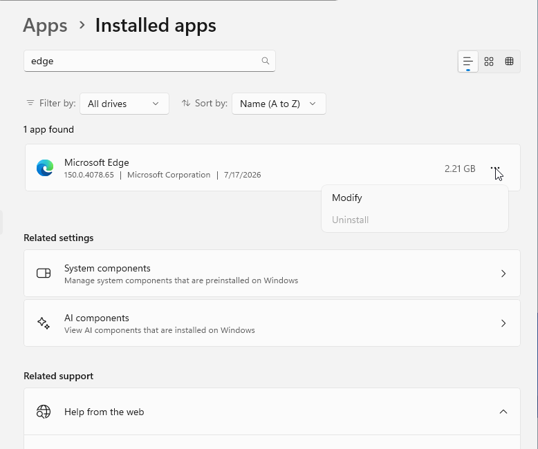 Windows 11 Installed apps search for Edge with the Microsoft Edge menu showing Modify and a greyed Uninstall