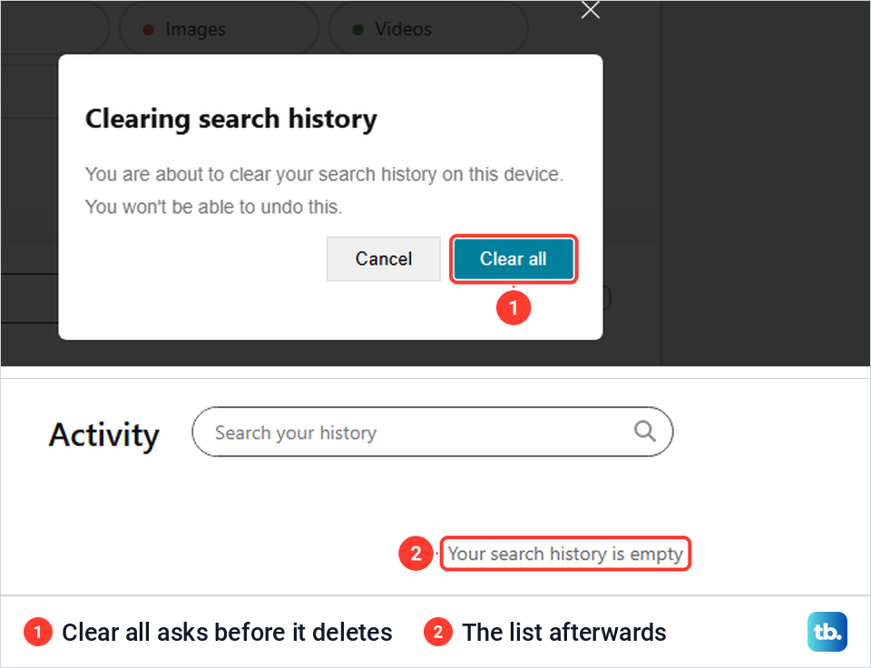 Bing's Clearing search history prompt with Cancel and Clear all, above the Activity list reading Your search history is empty.