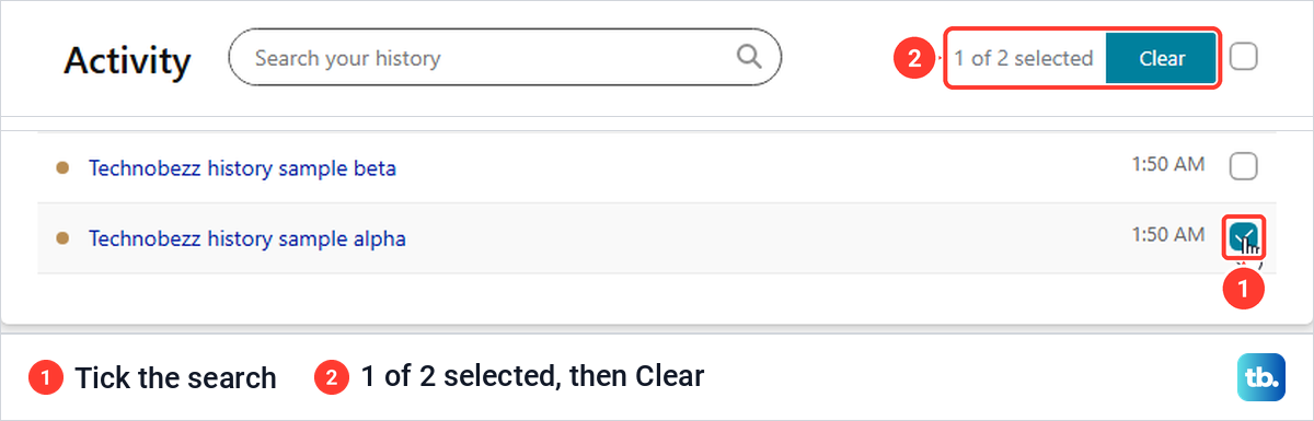 Bing's Activity list with one of two test searches ticked and a Clear button beside the words 1 of 2 selected.