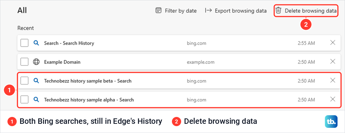 Edge's History page still listing two Bing search results pages after Bing's own history was cleared.
