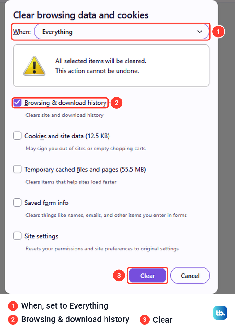 Firefox's Clear browsing data and cookies dialog set to Everything with only Browsing and download history ticked.