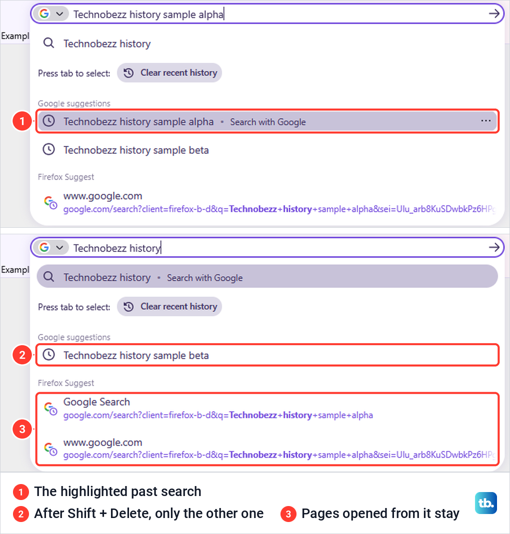Firefox address bar drop-down with one past search highlighted, and the same drop-down after Shift and Delete removed it.