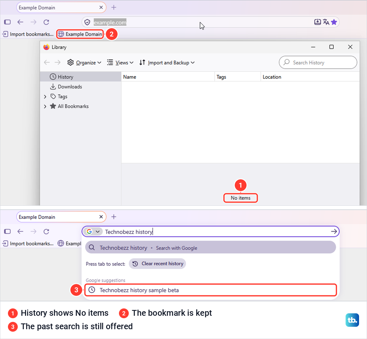 Firefox Library showing No items in History above an address bar drop-down that still offers a past search.