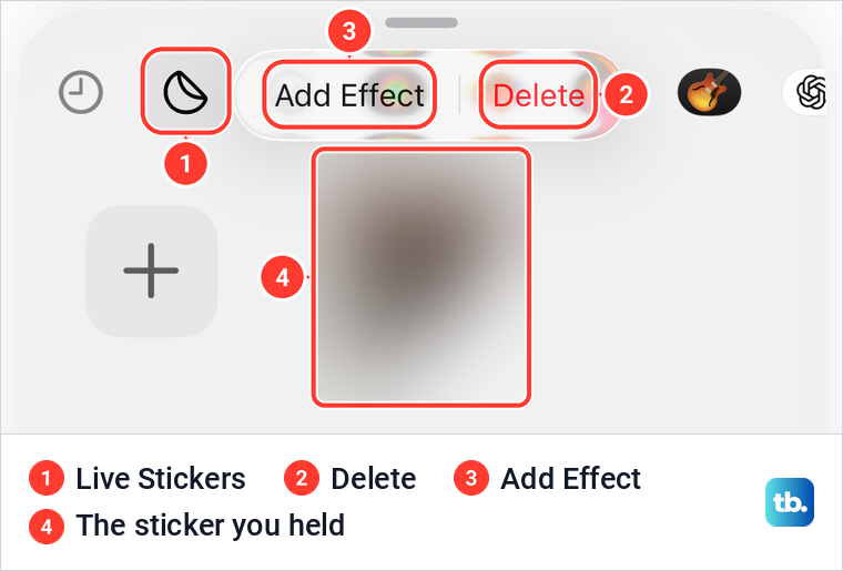 Touching and holding a sticker in the iPhone Live Stickers pack shows Add Effect and Delete.