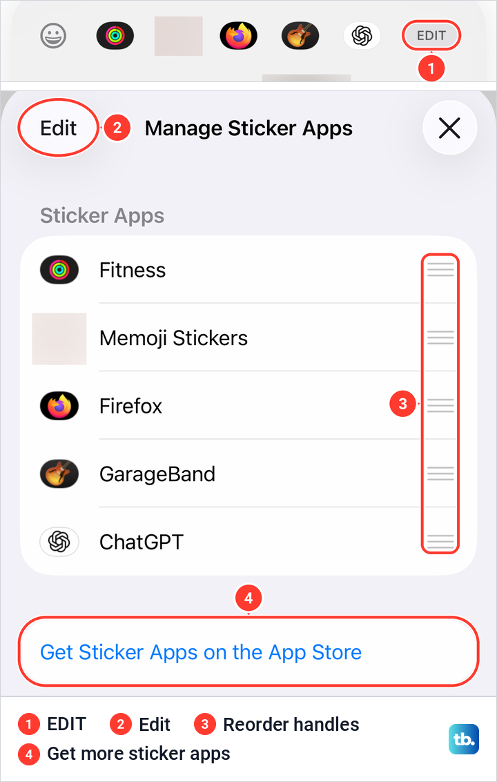 The EDIT button at the end of the sticker row and the Manage Sticker Apps list on iPhone.