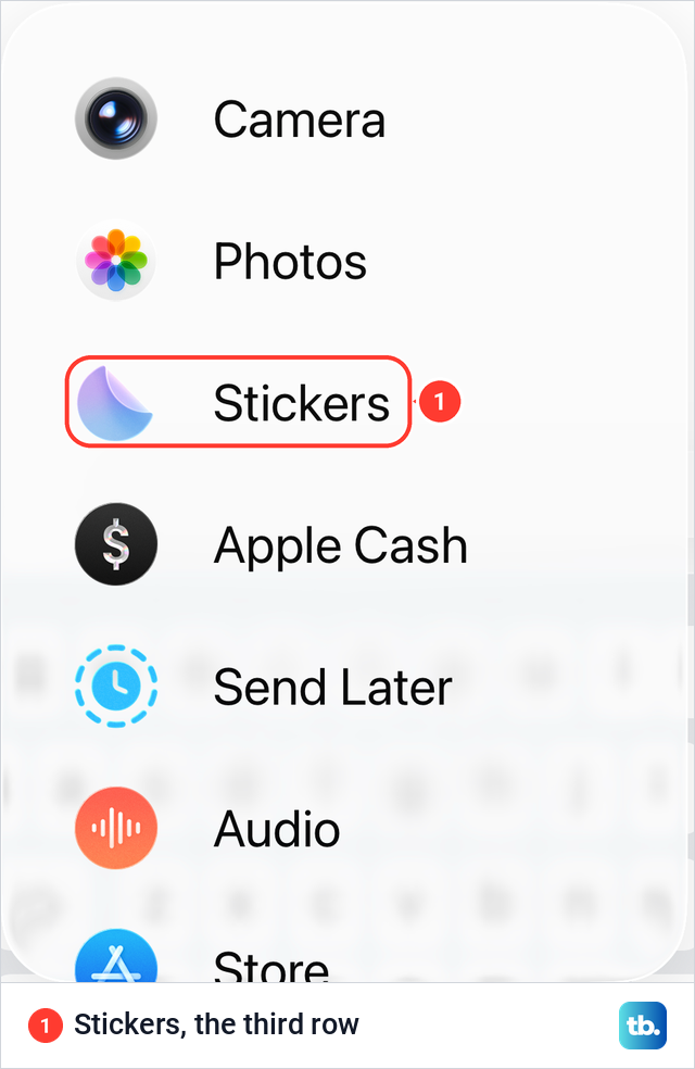The iPhone Messages plus list with Camera, Photos, Stickers and Apple Cash at the top.