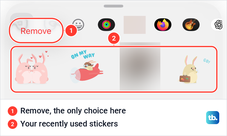 Touching and holding a recently used sticker in iPhone Messages shows a single Remove button.