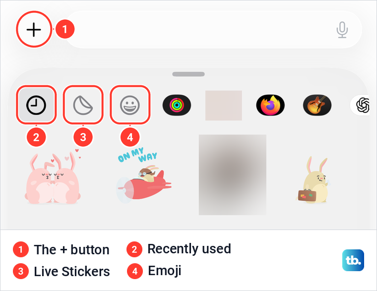 The iPhone Messages Stickers drawer with the recently used, Live Stickers and Emoji buttons.