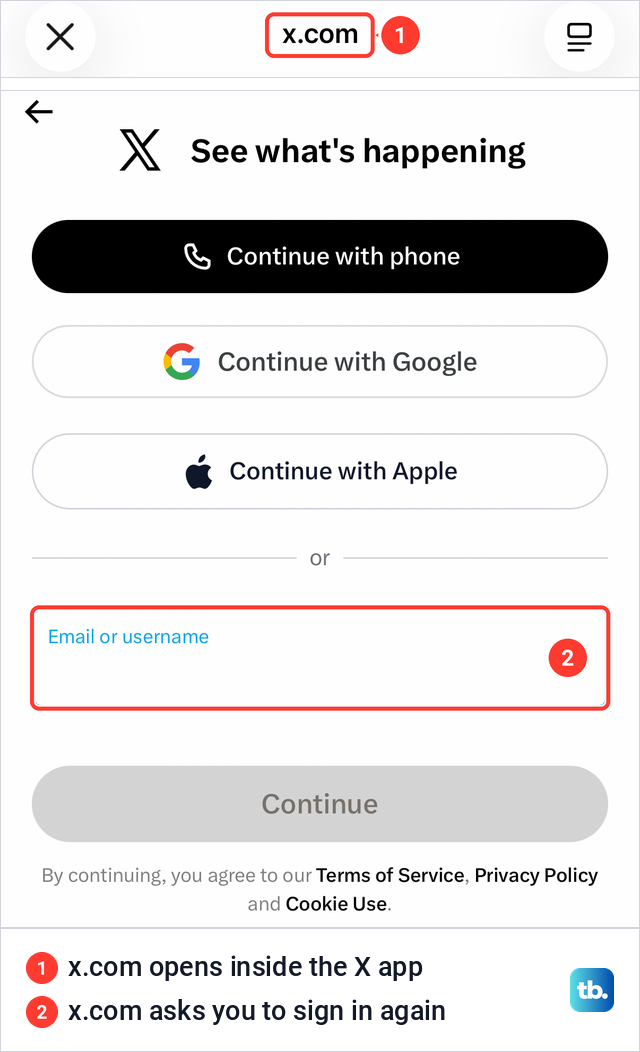 The X app on iPhone opening x.com in a browser window with a sign in screen after Download an archive of your data.