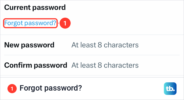 X's Update password screen on iPhone with a Forgot password link under Current password.