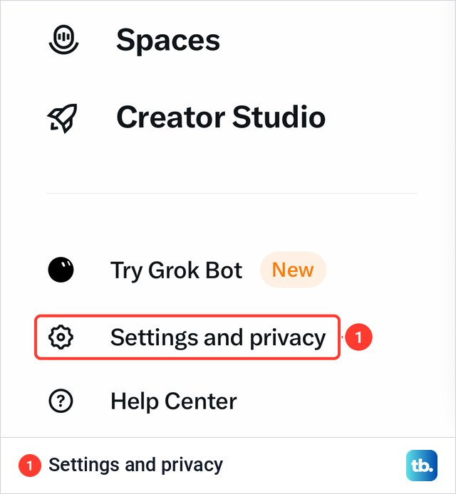 The X app menu on iPhone with Settings and privacy near the bottom above Help Center.