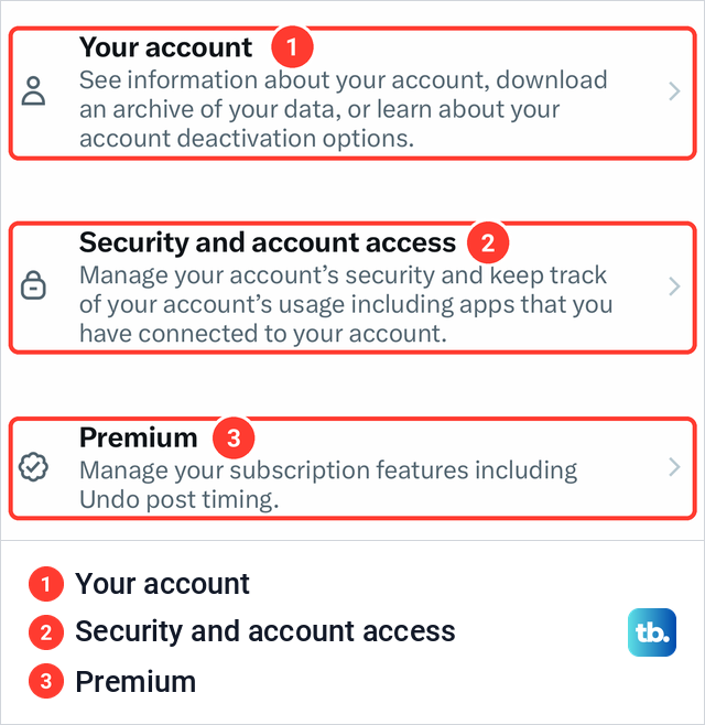 X's Settings screen on iPhone with Your account, Security and account access and Premium rows.