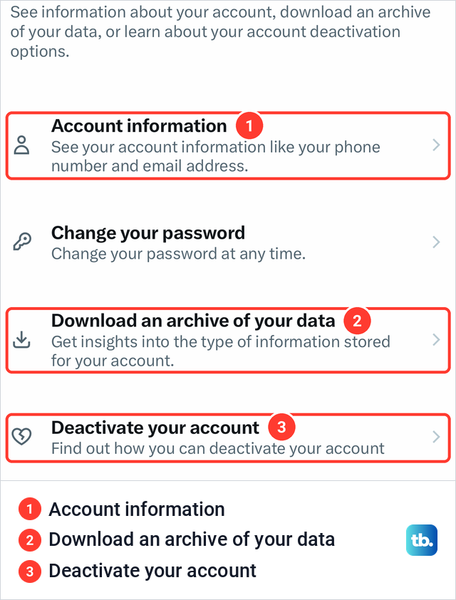 X's Your account screen on iPhone with four rows ending in Deactivate your account.