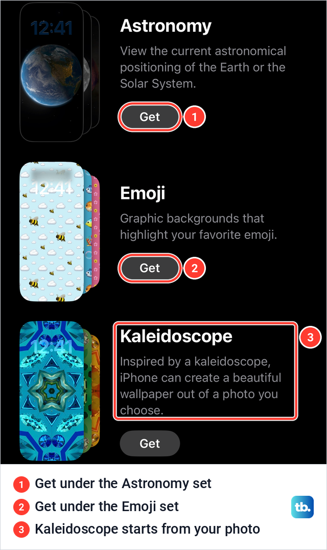 Built-in wallpaper sets on iPhone shown as cards with descriptions and a grey Get button under Astronomy, Emoji and Kaleidoscope.
